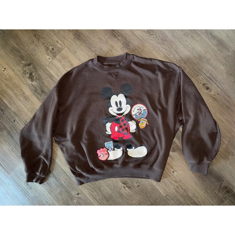 Disney Mickey Mouse Ski Club Graphic Sweatshirt Brown Oversized Pullover Large